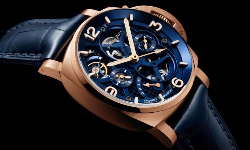 華麗撞色！紅金殼配鍍藍(lán)面｜Panerai Luminor陀飛輪兩地時(shí)間紅金腕表-PAM01060-復(fù)刻表