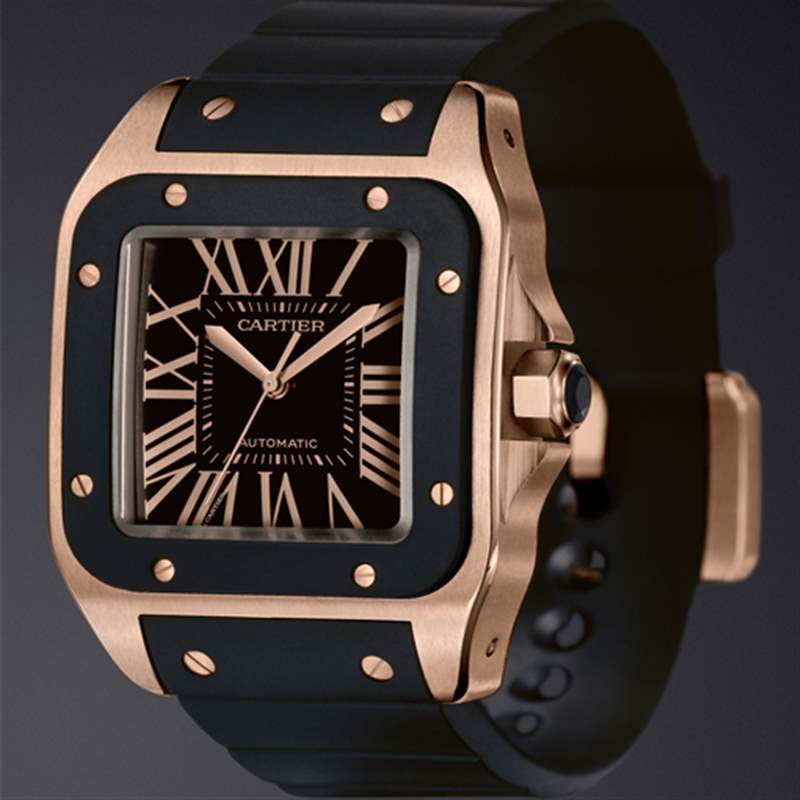 卡地亞桑托斯 100 XL 玫瑰金配橡膠表帶手表-復(fù)刻表