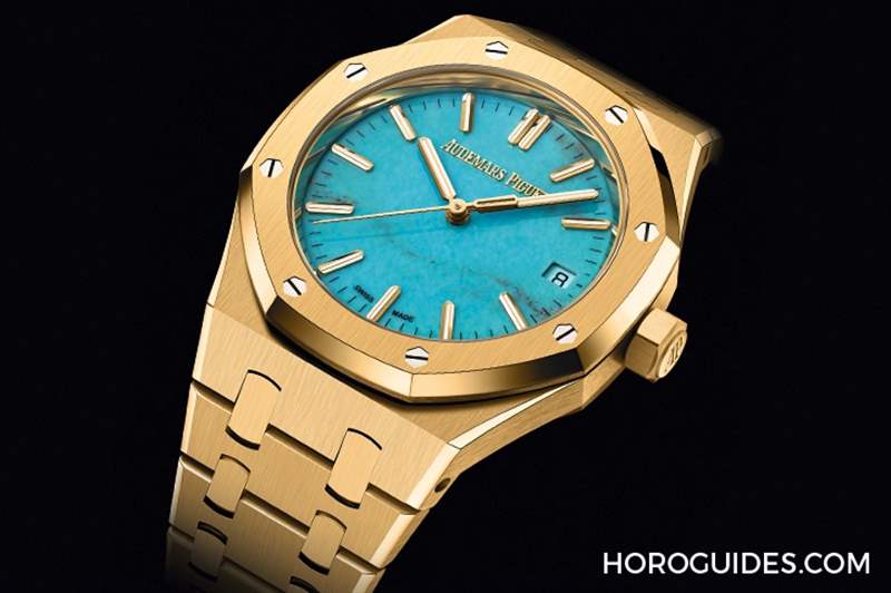 愛彼Royal Oak皇家橡樹自動上鏈腕表，黃金表殼搭配天然綠松石表面-復刻表