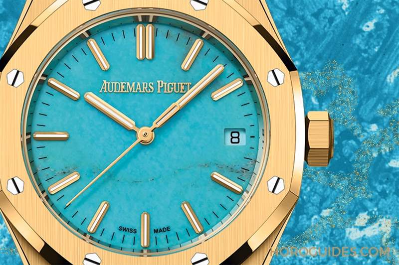 愛彼Royal Oak皇家橡樹自動上鏈腕表，黃金表殼搭配天然綠松石表面-復刻表