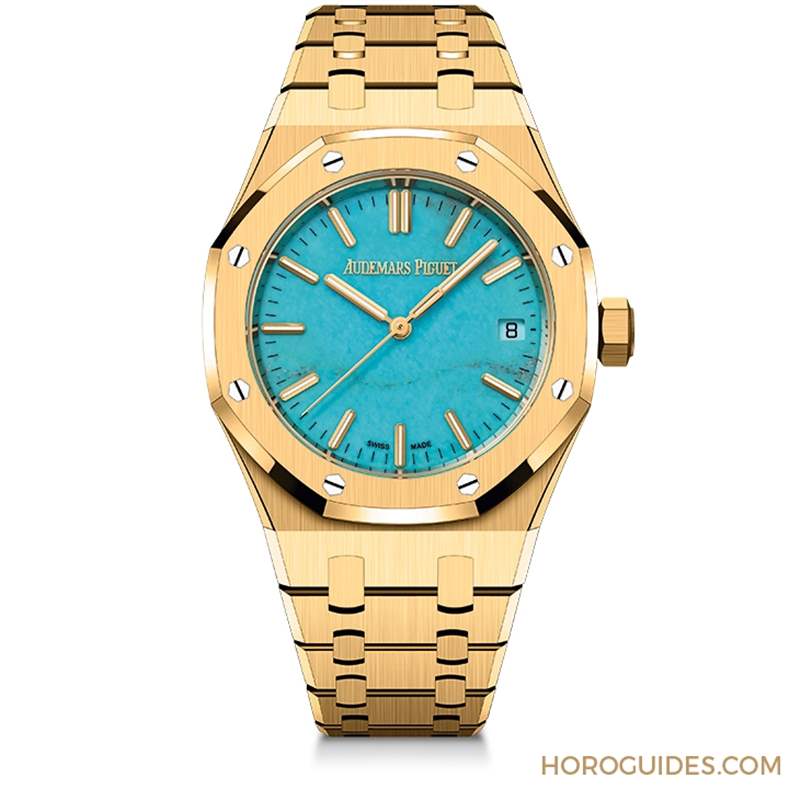 愛彼Royal Oak皇家橡樹自動上鏈腕表，黃金表殼搭配天然綠松石表面-復刻表