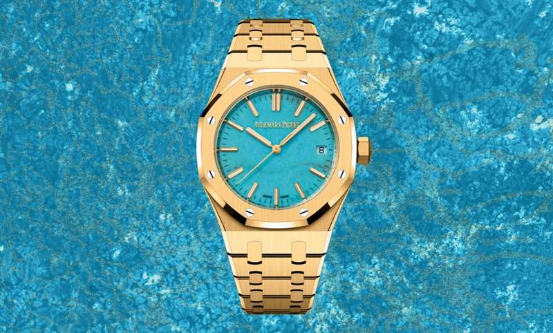 愛彼Royal Oak皇家橡樹自動上鏈腕表，黃金表殼搭配天然綠松石表面-復刻表